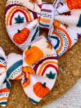 Load image into Gallery viewer, Pumpkins and Rainbows Piggies Fabric Bows