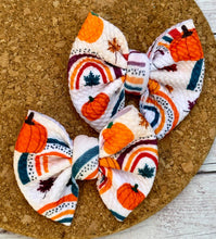 Load image into Gallery viewer, Pumpkins and Rainbows Piggies Fabric Bows