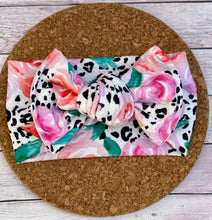Load image into Gallery viewer, NEW Cheetah Roses Infant Knotted Bow Headwrap
