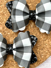 Load image into Gallery viewer, Black &amp; White Plaid Butter Layered Leatherette Piggies Bow
