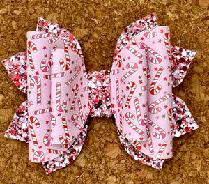 Pink Candy Canes Glitter Leatherette NEW Bow Style