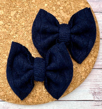 Load image into Gallery viewer, Navy Cable Knit Sweater Piggies Fabric Bows
