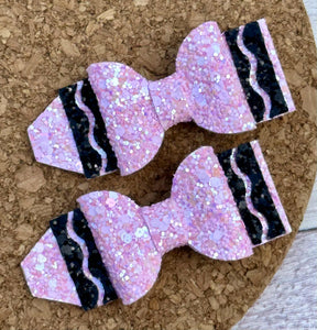 Light Pink Iridescent Crayon Glitter Piggies Layered Leatherette Bow