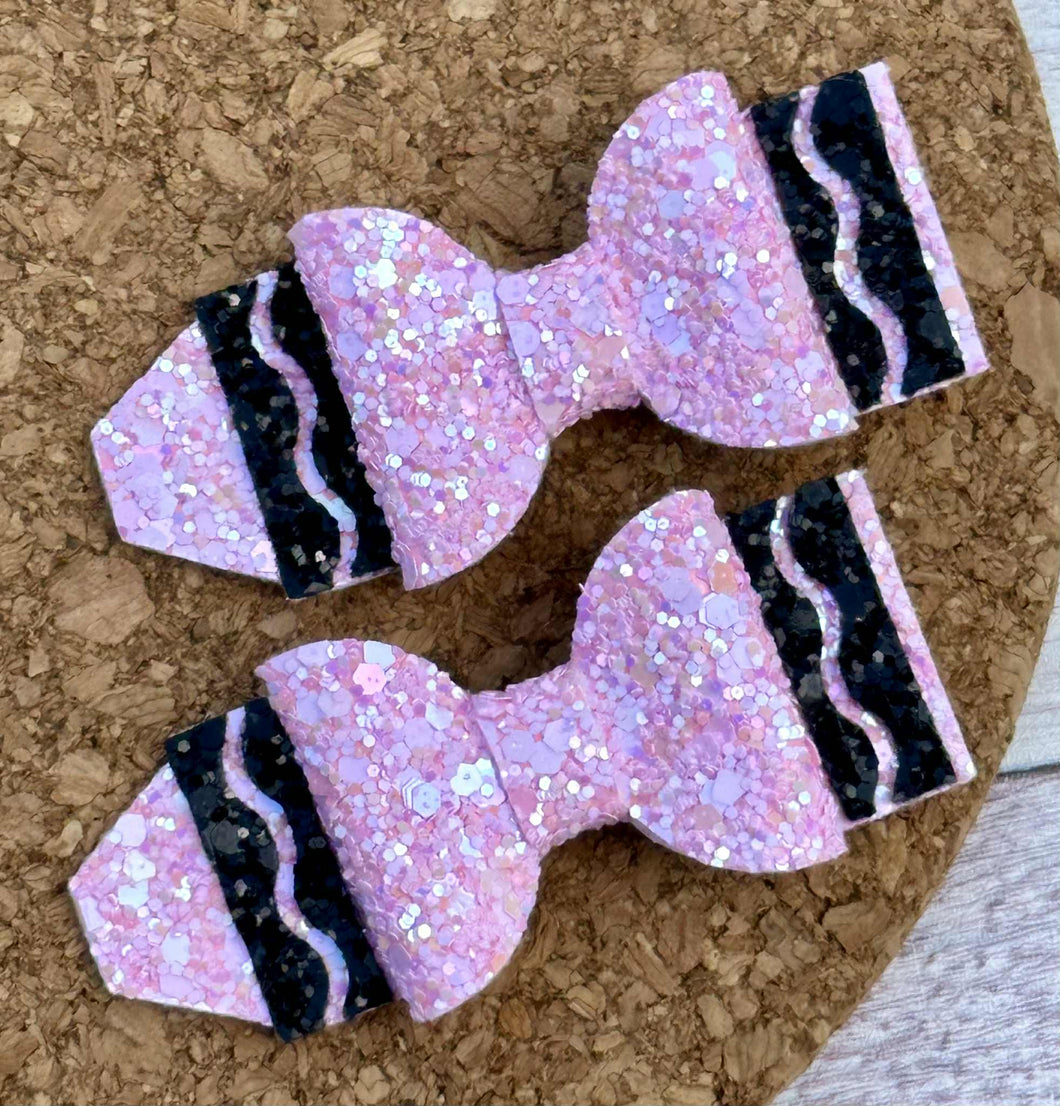 Light Pink Iridescent Crayon Glitter Piggies Layered Leatherette Bow