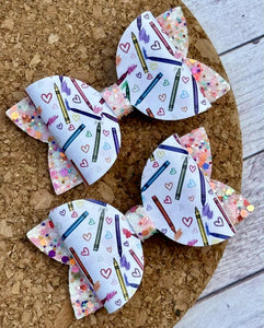 Crayons and Hearts Glitter Layered Leatherette Piggies Bow