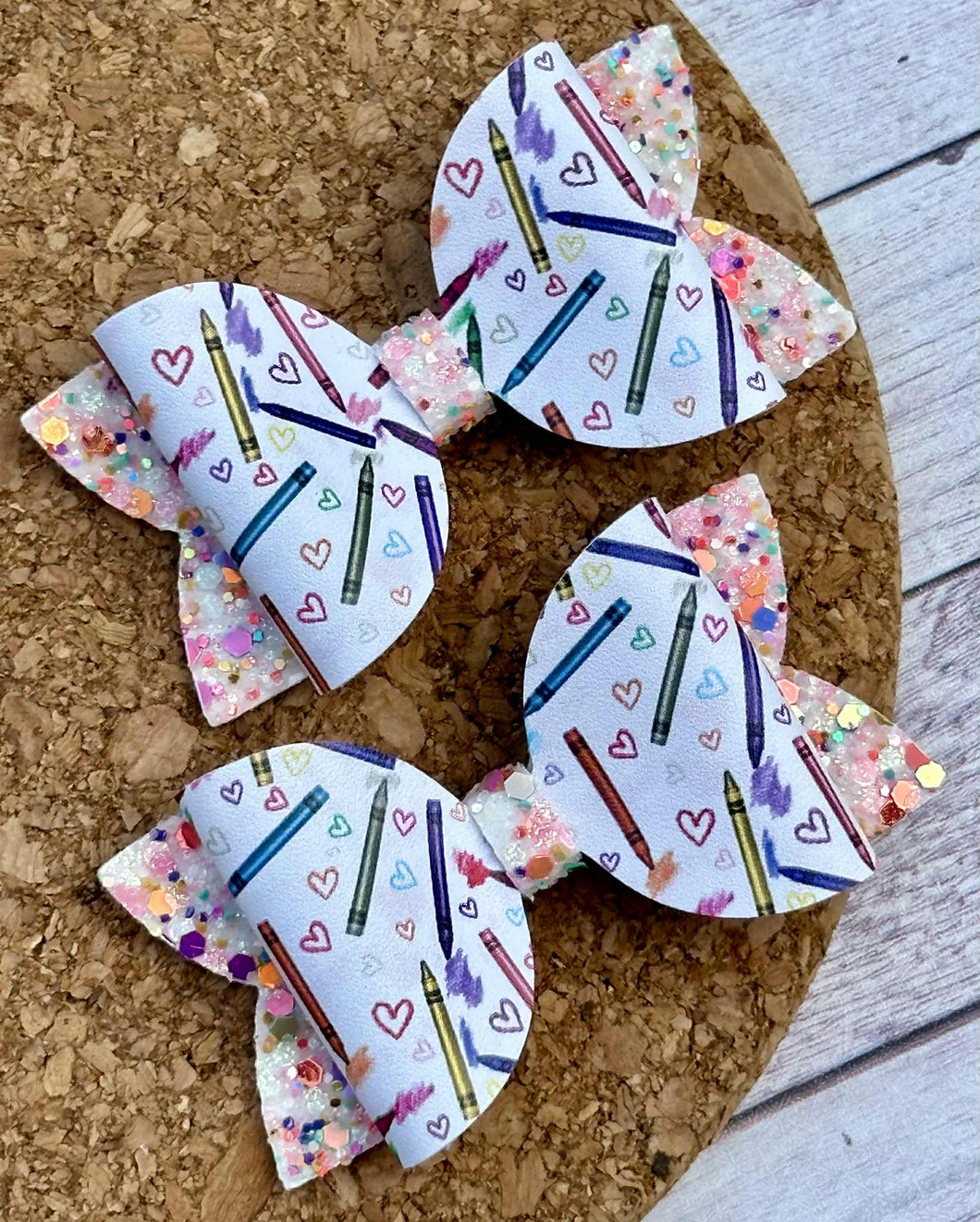 Crayons and Hearts Glitter Layered Leatherette Piggies Bow