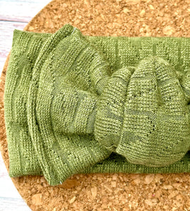 Olive Green Cable Knit Sweater Baby Knotted Bow Headwrap