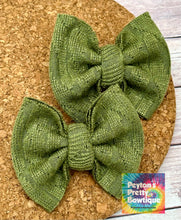 Load image into Gallery viewer, Olive Green Cable Knit Sweater Piggies Fabric Bows
