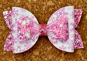 Pink Snowflakes Shaker Chunky Glitter Layered Leatherette Bow