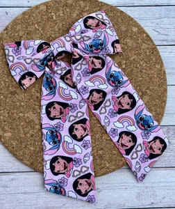Blue Alien & Friends Long Tails Fabric Bow