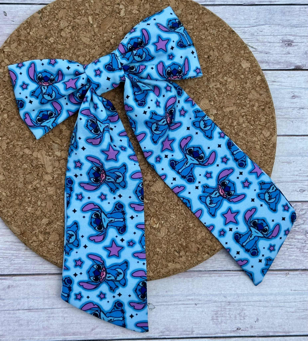 Blue Alien Long Tails Fabric Bow