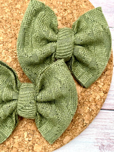 Olive Green Cable Knit Sweater Piggies Fabric Bows