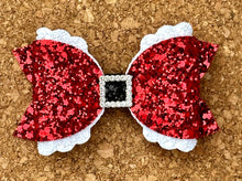 Load image into Gallery viewer, Santa Belt Rhinestone Glitter Layered Coco Leatherette Bow
