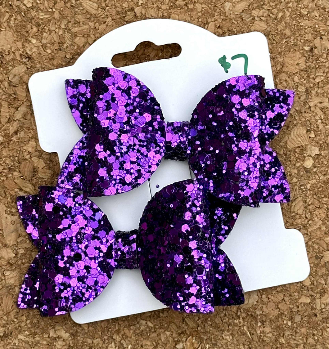 Dark Purple Glitter Layered Leatherette Piggies Bow