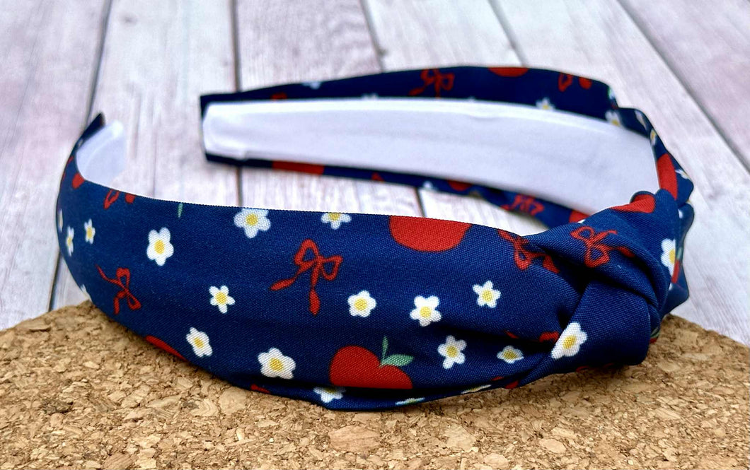 Bows, Apples, and Daisies on Navy Hard Knot Headband