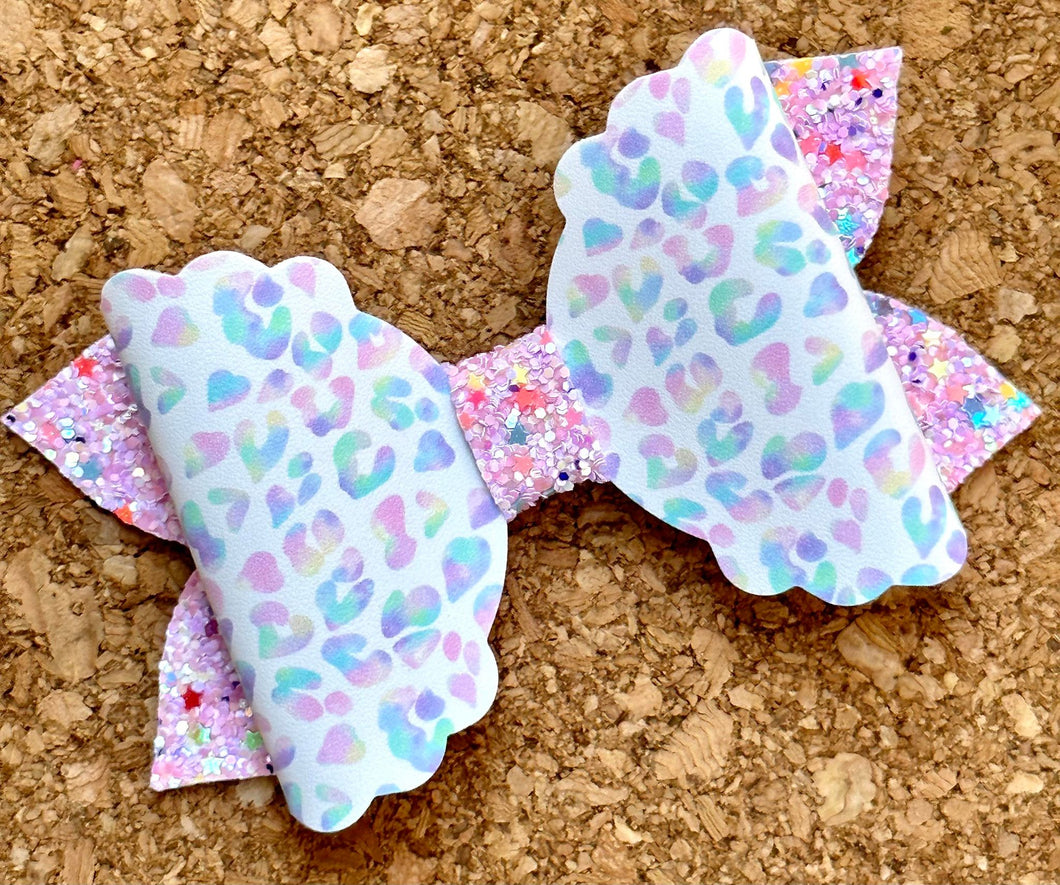 Pastel Cheetah Pink Scallop Glitter Layered Leatherette Bow