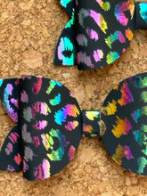 Load image into Gallery viewer, Rainbow Chrome Cheetah Layered Leatherette Piggies Bow
