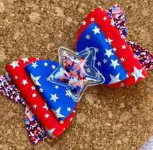 Load image into Gallery viewer, Red/White/Blue Stars Shaker Chunky Glitter Layered Leatherette Bow
