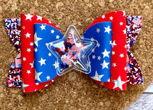 Load image into Gallery viewer, Red/White/Blue Stars Shaker Chunky Glitter Layered Leatherette Bow
