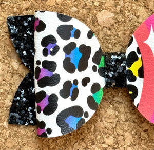 Rainbow Cheetah Split Layered Leatherette Bow