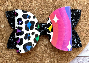 Rainbow Cheetah Split Layered Leatherette Bow