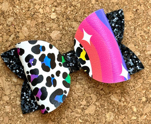 Rainbow Cheetah Split Layered Leatherette Bow