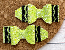Load image into Gallery viewer, Lime Green Crayon Glitter Piggies Layered Leatherette Bow
