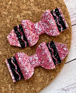 Pink Ice Crayon Glitter Piggies Layered Leatherette Bow