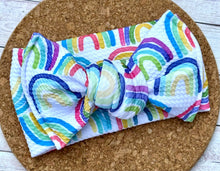 Load image into Gallery viewer, Watercolor Rainbows Infant Knotted Bow Headwrap
