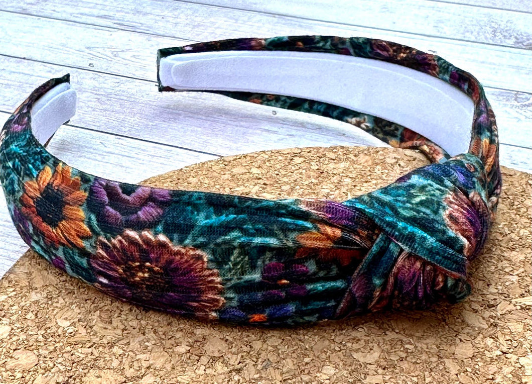 Flowers Faux Embroidered Ribbed Hard Knot Headband