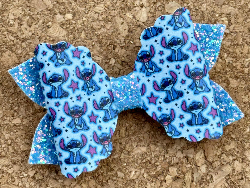 Blue Alien Stars Rainbow Glitter Leatherette Bow