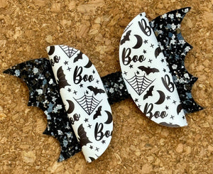 Bats on Black Glitter Layered Leatherette Bow