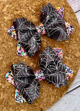 Load image into Gallery viewer, Neon GLOW Spiderweb Butter Layered Leatherette Piggies Bow
