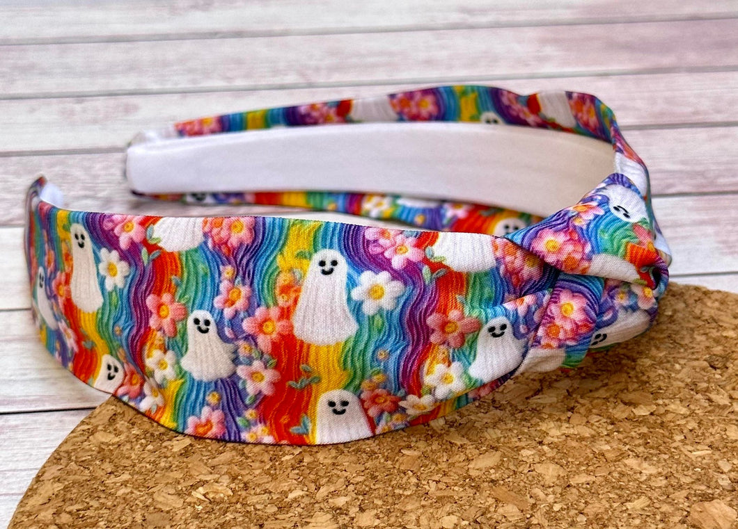 Rainbow Ghosts Faux Embroidered Ribbed Hard Knot Headband