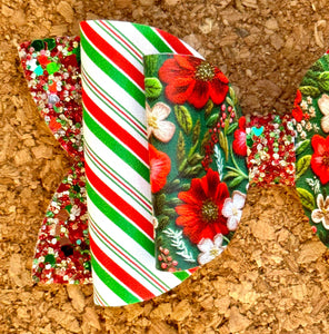 Christmas Faux Embroidered Flowers Glitter Leatherette Bow