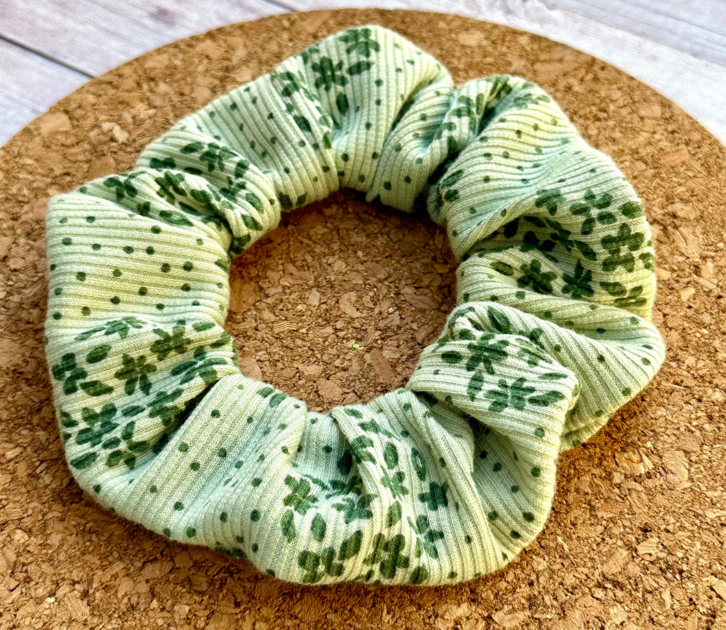 Green Flowers Rib Knit Scrunchie