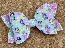 Load image into Gallery viewer, Blue Dog Rainbow Glitter Leatherette Bow
