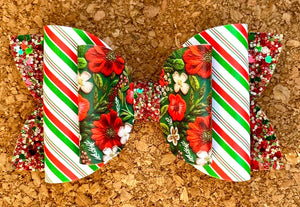 Christmas Faux Embroidered Flowers Glitter Leatherette Bow