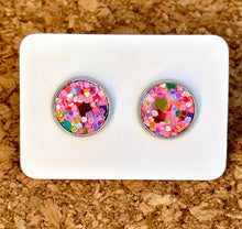 Load image into Gallery viewer, Holiday Pink Glitter Vegan Leather Medium Earring Studs
