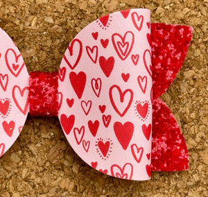 Red Doodle Hearts Glitter Leatherette Bow