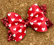 Load image into Gallery viewer, Red &amp; White Hearts Glitter Pinch Leatherette Bow
