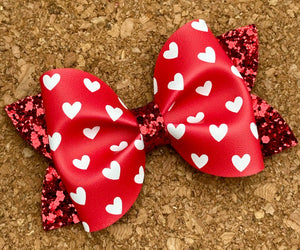 Red & White Hearts Glitter Pinch Leatherette Bow