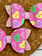 Load image into Gallery viewer, Pink Candy Hearts Glitter Leatherette Piggies Bow
