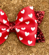 Load image into Gallery viewer, Red &amp; White Hearts Glitter Pinch Leatherette Bow
