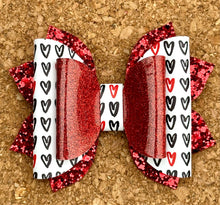 Load image into Gallery viewer, Black &amp; Red Doodle Hearts Glitter Leatherette NEW Bow Style
