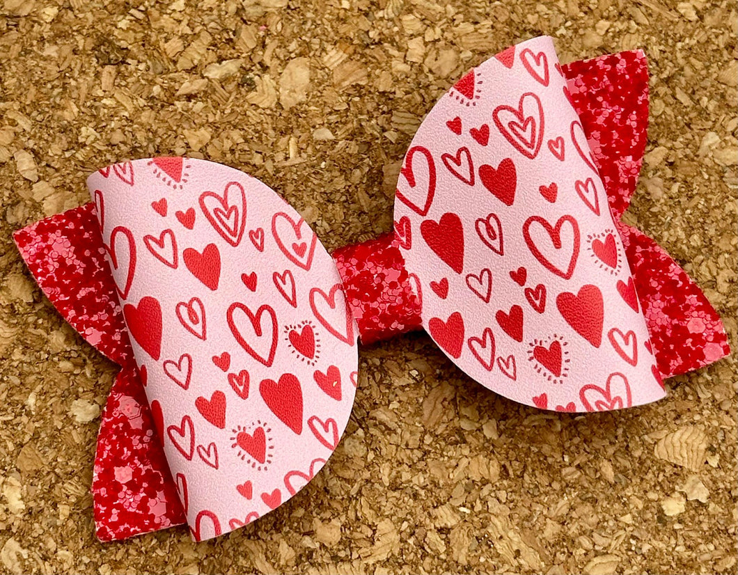 Red Doodle Hearts Glitter Leatherette Bow