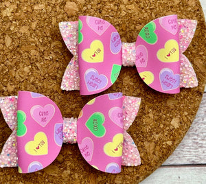 Pink Candy Hearts Glitter Leatherette Piggies Bow