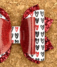 Load image into Gallery viewer, Black &amp; Red Doodle Hearts Glitter Leatherette NEW Bow Style
