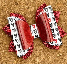 Load image into Gallery viewer, Black &amp; Red Doodle Hearts Glitter Leatherette NEW Bow Style
