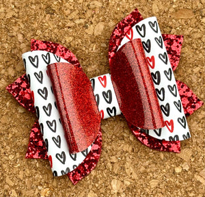 Black & Red Doodle Hearts Glitter Leatherette NEW Bow Style